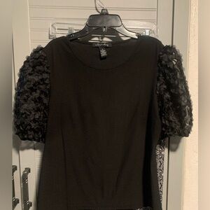 A Love Story Black Applique Tee Frill Sleeved Top Sz. M NWOT